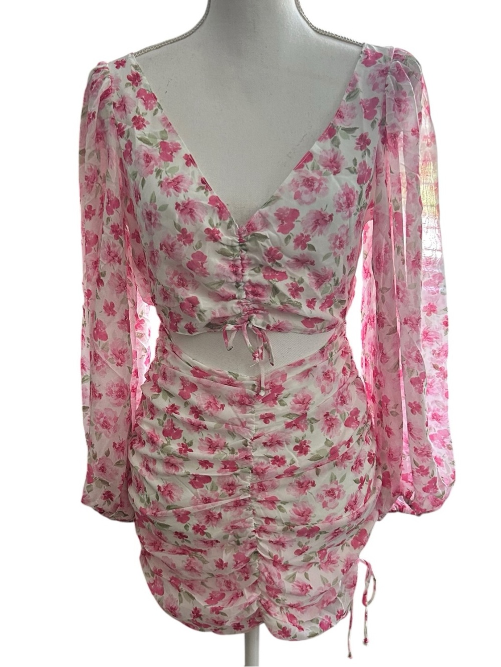 Pink Floral Ruched Long Sleeve Midi Dress